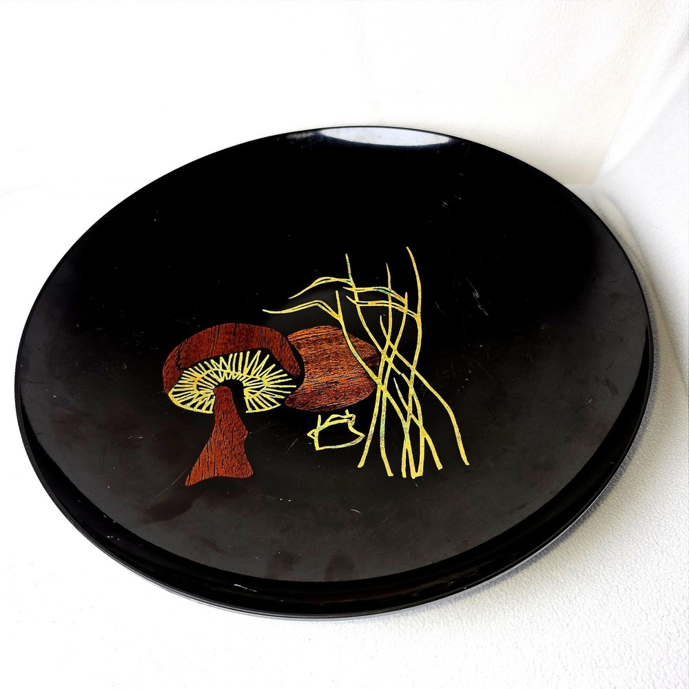 Couroc of Monterey Black Resin Mushroom Inlay Round Serving Tray Mid Century